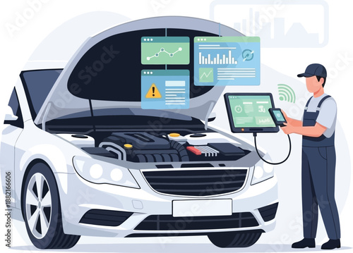 Mechanic diagnosing car engine with digital tools vector illustration