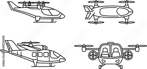 Collection of drone technology icons showing quadcopter and aerial camera