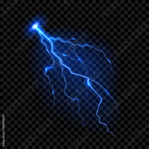 Bright glowing lightning effect. Realistic effect of bright electric discharge of blue lightning. Vector illustration of light-blue bright thunderstorm.