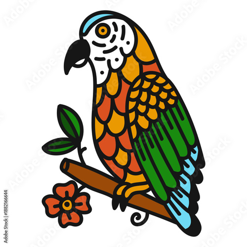 Parrot branch flower colored coloured tattoo stroke