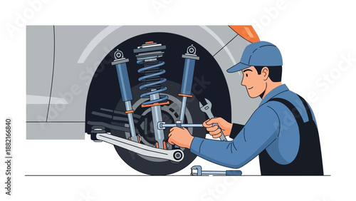 Mechanic repairing car suspension system vector illustration