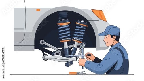 Mechanic repairing car suspension system vector illustration