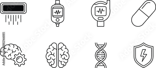 Collection of immune system and medical protection icons showing dna and shield
