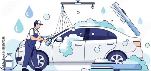 Vector car wash illustration with man cleaning vehicle