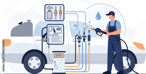 Vector illustration of man refueling car with fuel pump and hoses