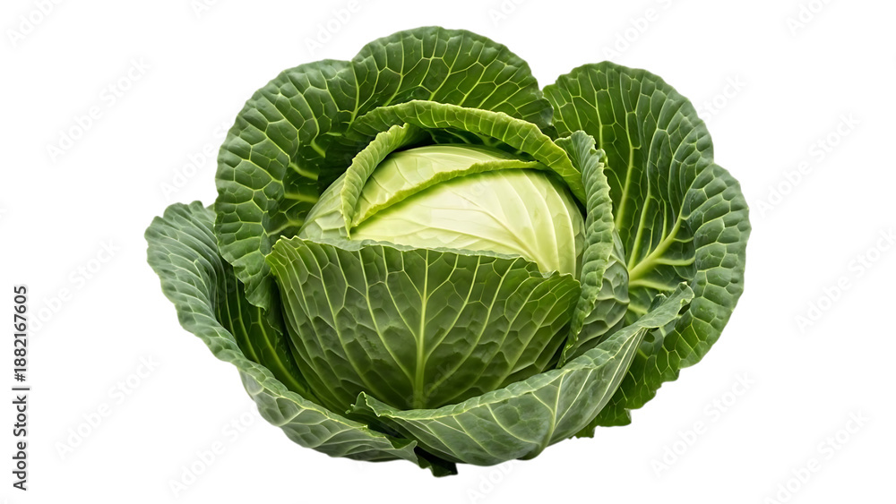Fototapeta premium Fresh green cabbage head with vibrant leaves and crisp texture, perfect for salads, slaws, and cooking, showcasing its natural beauty and nutritional value in a healthy diet.
