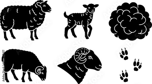 Solid black silhouette vector set on white background featuring sheep-themed icons: adult sheep, lamb, wool fleece, grazing sheep, sheep head profile, sheep footprints, 
