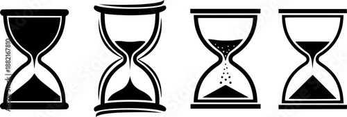 Set of four black hourglass icons in different styles on white background: solid silhouette, curved outline, dotted sand, triangular sand pattern, set
