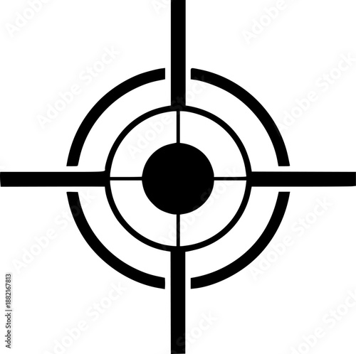 Black crosshair target icon featuring concentric circles and four radial bars, minimal vector glyph for UI designs, precision targeting symbol
