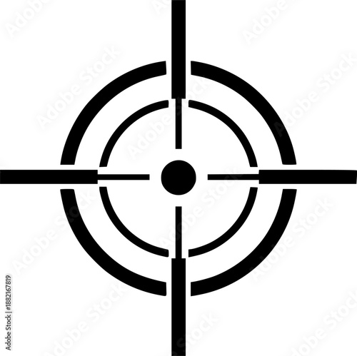 Black crosshair target icon featuring concentric circles and four radial bars, minimal vector glyph for UI designs, precision targeting symbol

