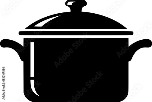 Black silhouette of a classic cooking pot with a lid and side handles, minimalist flat vector cookware icon for kitchen apps, recipes, and UI design
