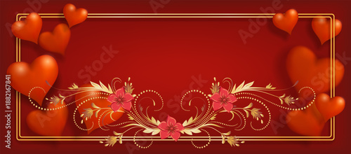 Valentine's Day greeting banner card with bulk 3d hearts and golden frame on red background and empty place for text
