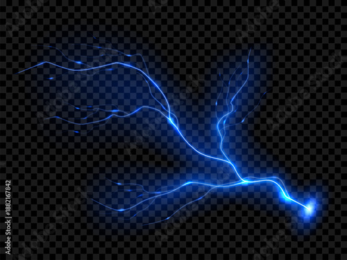 Realistic glowing lightning effect. Bright effect of bright electric discharge of blue lightning. Vector illustration of light-blue bright thunderstorm.