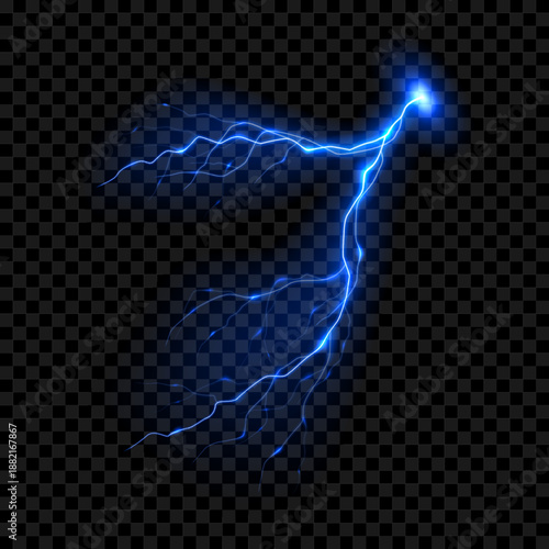 Realistic flickering glowing lightning effect. Bright effect of bright electric discharge of blue lightning. Vector illustration of light-blue bright thunderstorm.