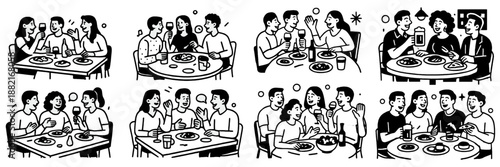 Social gatherings with friends enjoying meals and drinks together