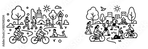 Outdoor activities in a city park with people enjoying various sports