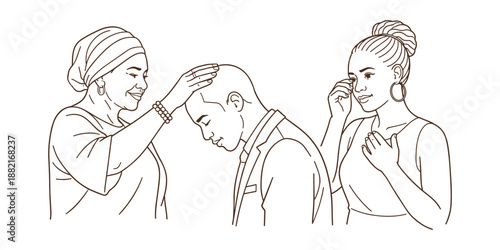 Groom receiving heartfelt blessing from elder with emotional bride beside, vector illustration