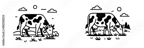 Cow grazing in a field with a clear sky and gentle hills