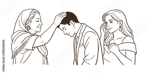 Emotional wedding blessing from elder to groom with bride beside, vector illustration