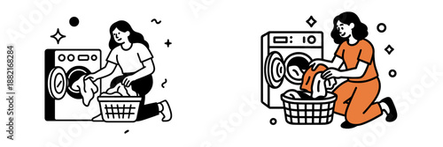 Laundry day activity with a woman using a washing machine and basket