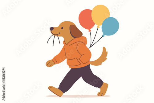 Happy dog with balloons enjoying a playful stroll in the park