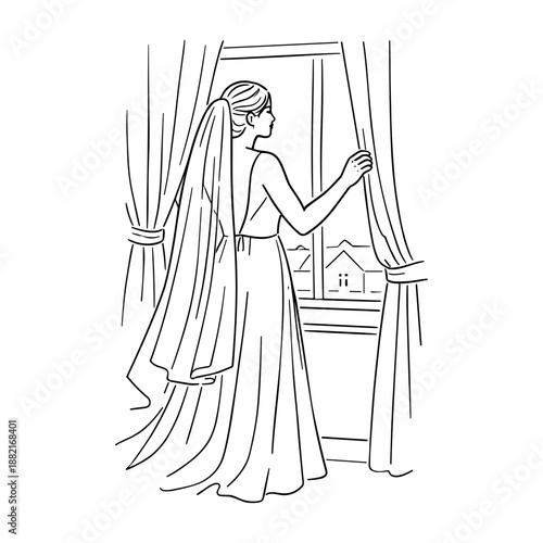 Bride in wedding dress looking out window, vector illustration