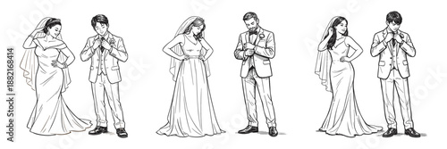 Brides and grooms in wedding attire preparing, vector illustration