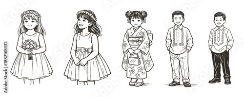 Diverse children in formal and traditional outfits, vector illustration
