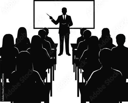Silhouette of a man presenting to an audience in a classroom