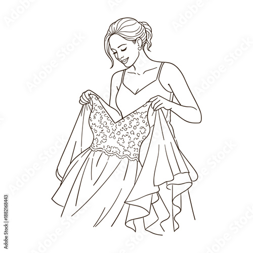 Caucasian bride holding wedding dress and smiling, vector illustration