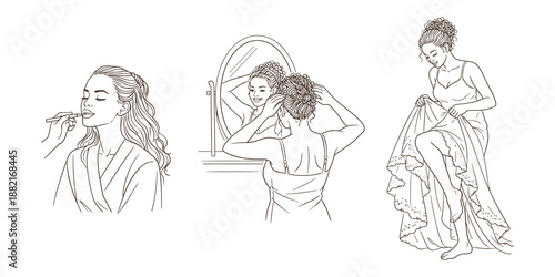 African American bride getting ready with makeup, hair, dress, vector illustration