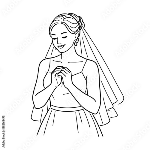 Smiling caucasian bride in wedding dress and veil, vector illustration