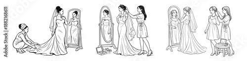 Bridesmaids assisting bride during wedding preparations, vector illustration