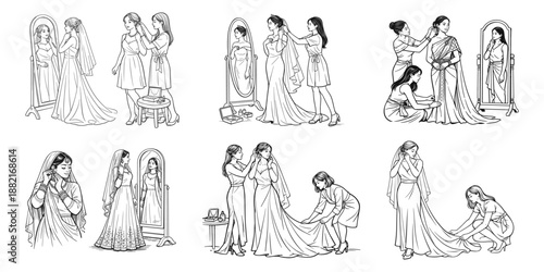 Brides of different cultures preparing for wedding with help from friends, vector illustration