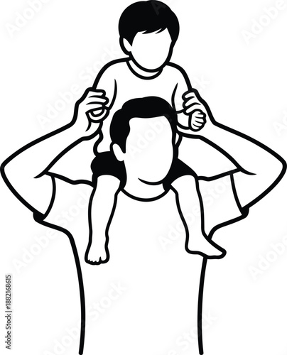 Father carrying child on shoulders, parent and kid bonding activity