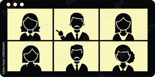 Six people in video conference call grid with one person pointing