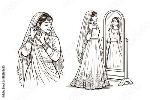 Indian bride dressing up in traditional lehenga, wedding vector illustration