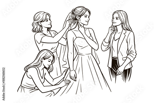 Bride getting ready with help from friends and stylist, vector illustration