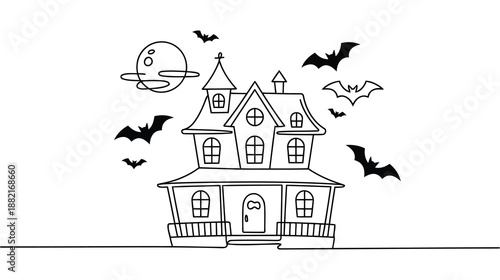 Halloween haunted house with bats and moon outline illustration