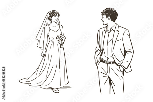 Asian bride walking toward groom, wedding couple vector illustration