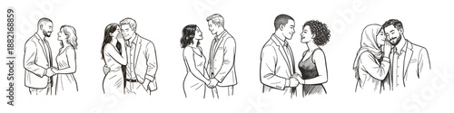 Diverse couples sharing love, romance, and connection, vector illustration