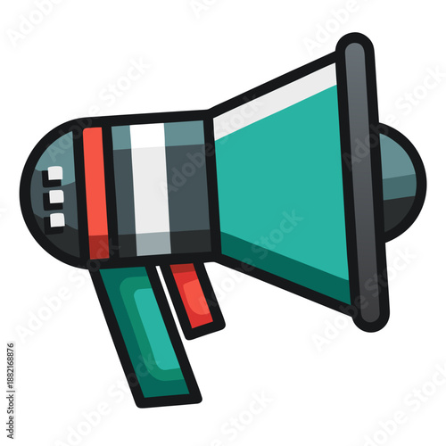 Title: A colorful megaphone with a teal body, red accents, and a detailed handle and mouthpiece