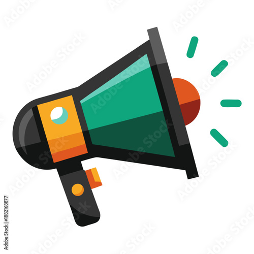 Title: A colorful megaphone with a teal body, orange accents, and green sound waves emanating
