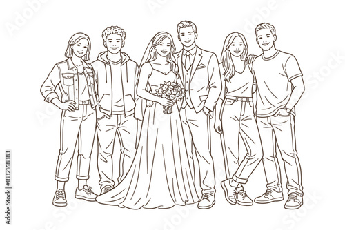 Bride and groom posing with group of casually dressed friends, line art illustration