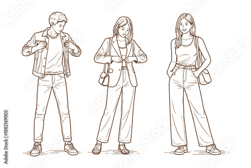Three fashionable young adults standing confidently in casual outfits, vector illustration