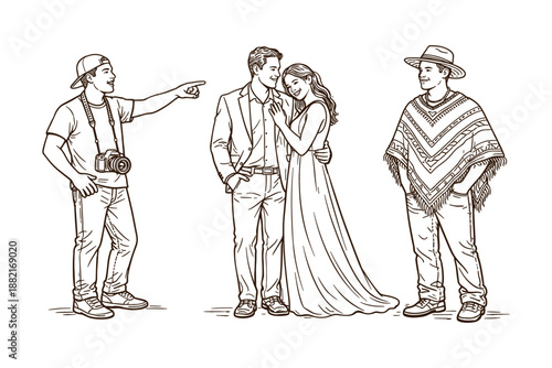 Photographer directing couple for wedding photo with guest observing, vector illustration