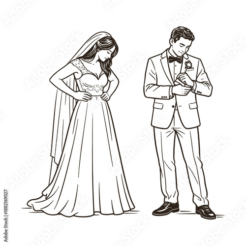 Bride and groom preparing for wedding ceremony, vector illustration