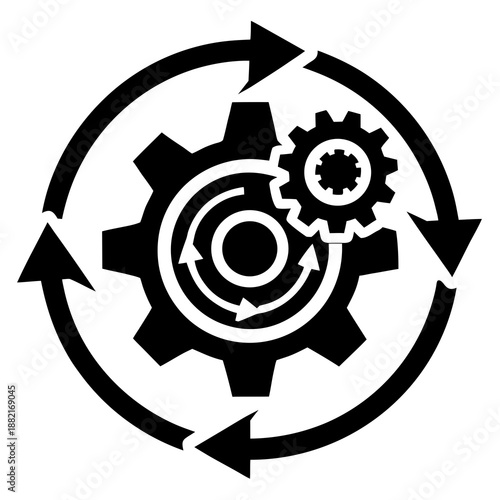 Title: A black and white circular featuring interlocking gears with arrows around the perimeter