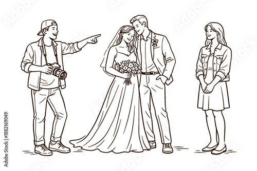 Wedding photographer directing bride and groom for a photo, vector illustration