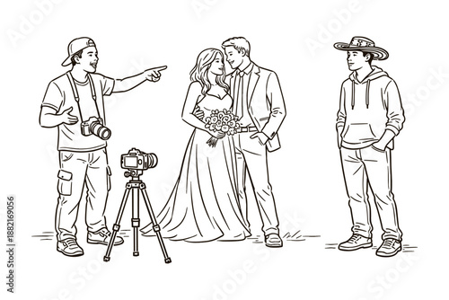 Photographer directing wedding couple for a photoshoot while guest observes, vector illustration